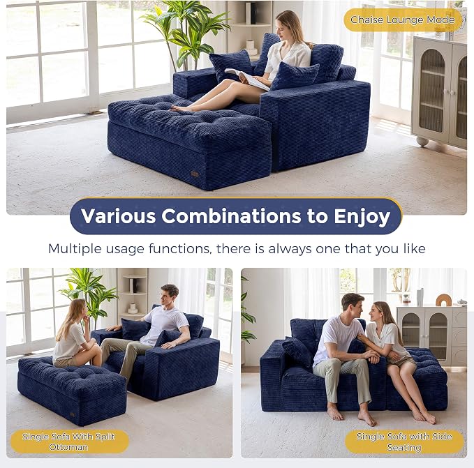 MAXYOYO Oversized Chaise Lounge Sofa, Upholstered Lounge Chair with 3 Pillows, Tufted Boneless Sofa Couch with Ottoman, Deep Seat Chair for Living Room, No Assembly, Navy