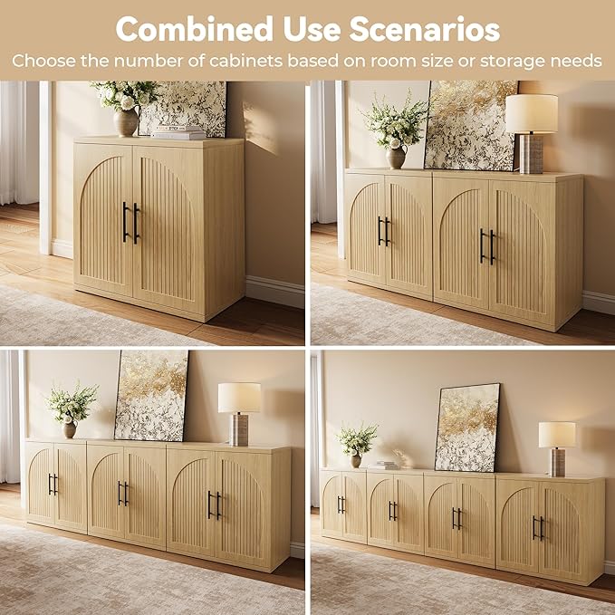 31.5" Fluted Buffet Cabinet with Storage, Modern Symmetrical Arched Sideboard Credenza with Adjustable Shelf, Elegant Wood Console Table for Dining Room, Kitchen, Living Room(Oak)