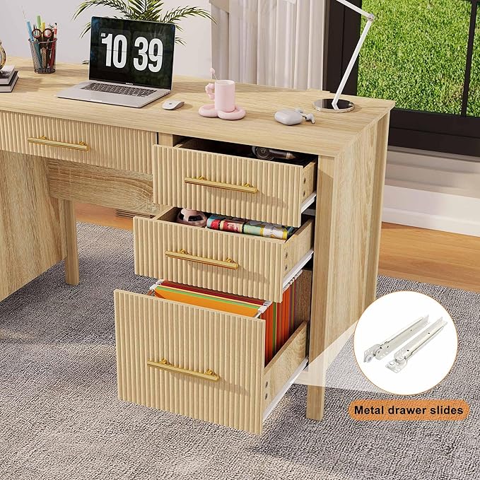 Executive Desk with Drawers: 54" Oak Desk with File Cabinet, Home Office Desks with Storage, Modern Desks with File Drawer, Fluted Wood Computer Table (54")