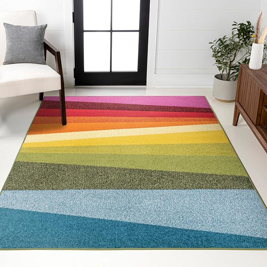 JONATHAN Y Prism Geometric Striped Indoor Area Rug 3x5, Orange/Green/Blue, Modern, Coastal, Easy-Cleaning for Living Room, Bedroom, Kitchen, Pet Friendly, Non-Shedding (DZC101A-3)