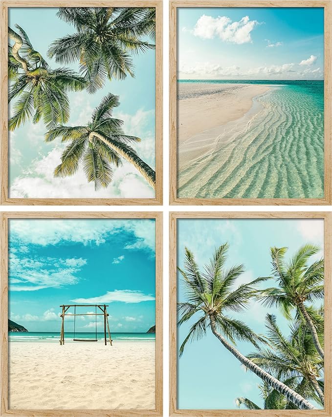 SIGNWIN Framed White Topical Teal Sky Palm Tree Beach Ocean Seaside Wall Art, Set of 4 Landscape Colorful Wall Decor Prints, Nature Wilderness Wall Décor for Living Room, Bedroom - 12"x16" Natural