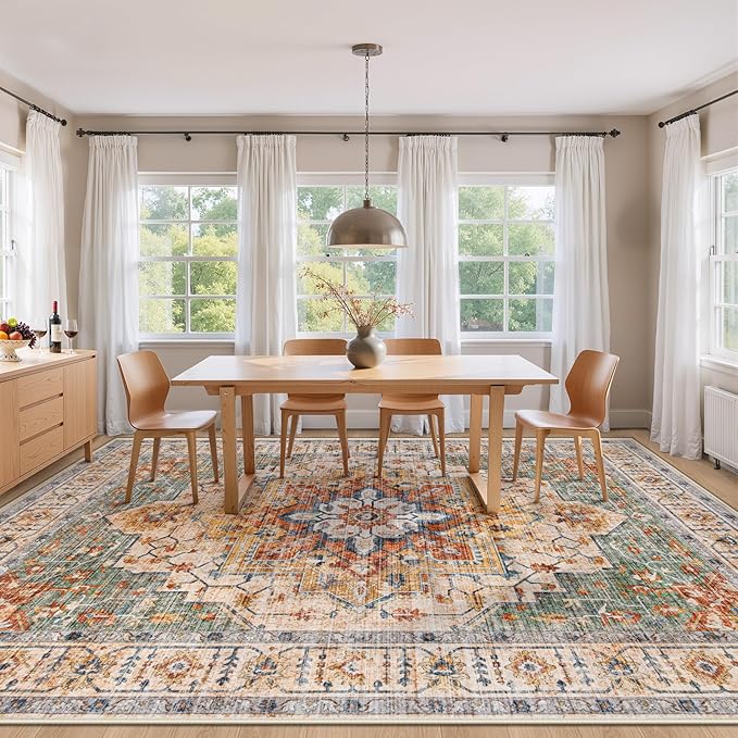 Area Rug 8x10 Vintage Rug: Large Washable Indoor Medallion Rugs Low Pile Distressed Floor Carpet Retro Accent Rug for Living Room Bedroom Kitchen Dining Table Home Office(Green/Yellow, 8'x10')