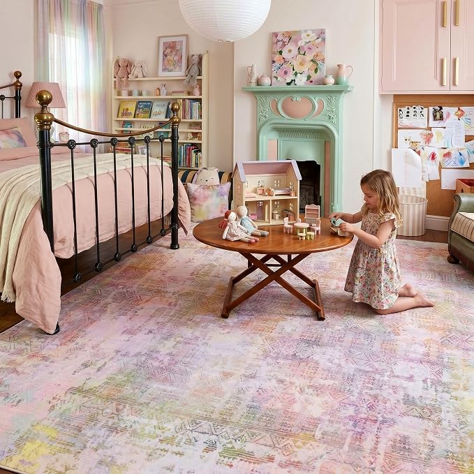 Kokia Abstract 9x12 Area Rugs Living Room Washable Low Pile Non-Slip Indoor Decor Pink Orange Carpet Foldable Stain Resistant Ombre Rugs Bedroom Dining Room, Oslo Liora