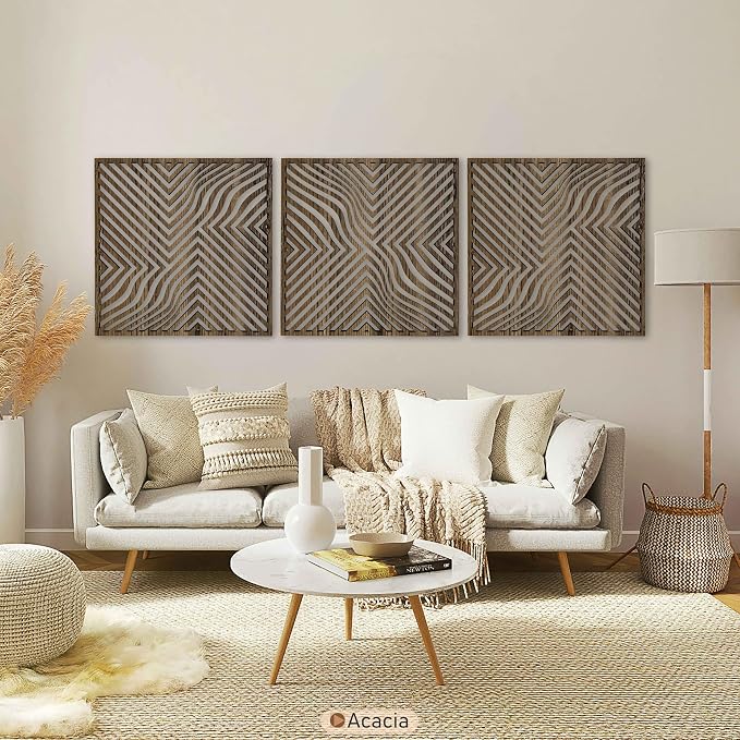 Large Abstract Art featuring Geometric Optical Wave Wood Wall Decor, Mid Century Modern Wooden Wall Panels, Triptych Home Accents Gift for Living Room and Bedroom