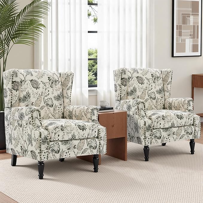 Wingback Chairs Set of 2, High Back Floral Accent Chair in Fabric, Comfy Upholstered Armchair with Nailhead Trim for Living Room, Single Sofa Reading Chair for Small Spaces, Bedroom-Plants Beige