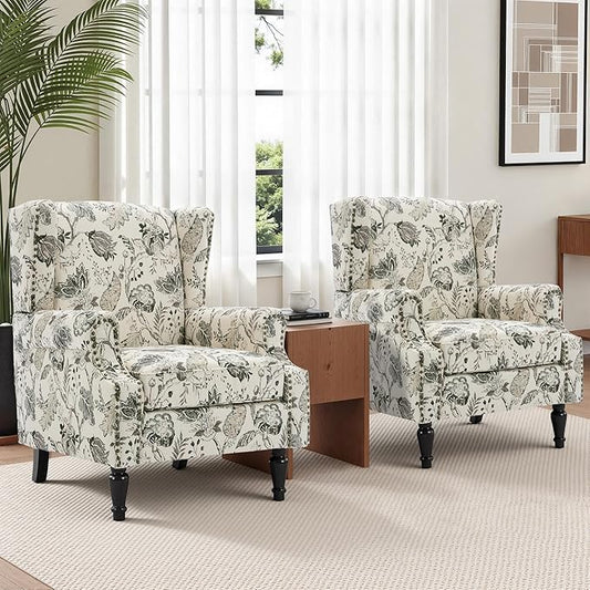 Wingback Chairs Set of 2, High Back Floral Accent Chair in Fabric, Comfy Upholstered Armchair with Nailhead Trim for Living Room, Single Sofa Reading Chair for Small Spaces, Bedroom-Plants Beige