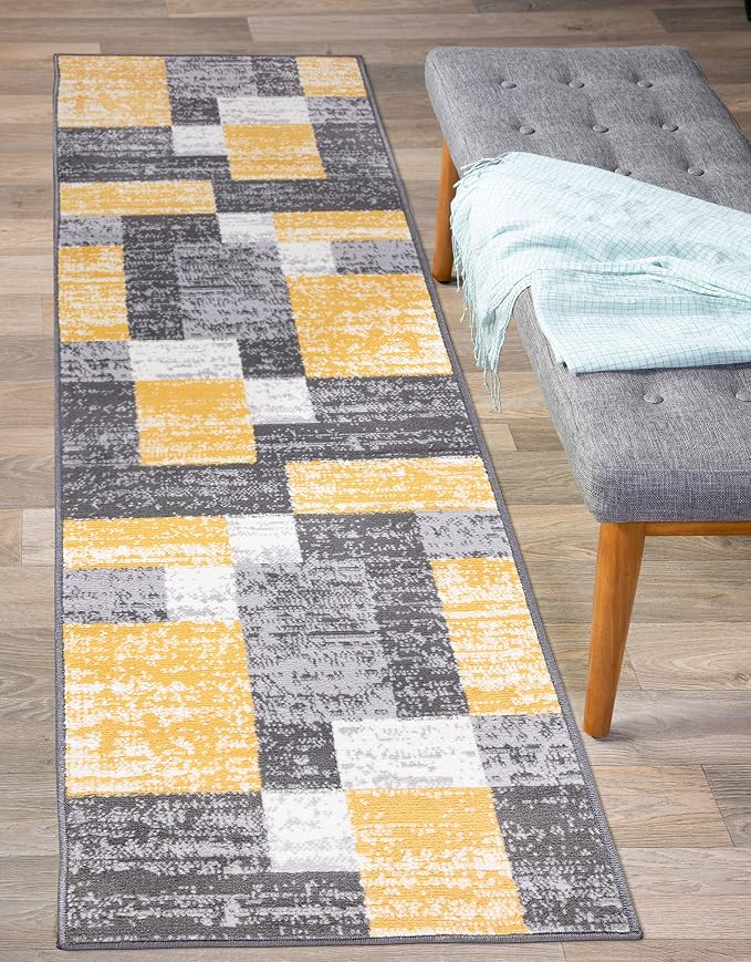 Rugshop Oslo Modern Yellow Runner Rug, Geometric Box Design, Fade-Resistant Carpet for Hallway or Kitchen, 2' x 7'