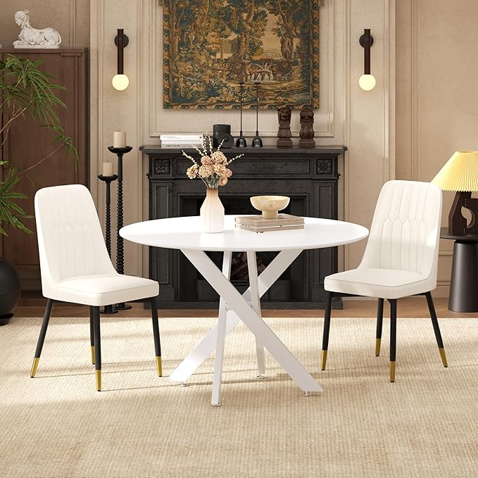 RGZ Mid Century White Round Dining Table Set for 2, 36" Small Wooden Circle Kitchen Table & 2 White PU Leather Kitchen Chairs, Dinner Table Set for Home, Apartment, Dining Room