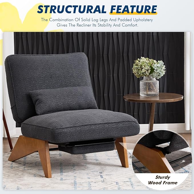 Accent Chair with Ottoman Adjustable Backrest, Stripe Living Room Chair Indoor Lounge Chair with Build-in Footrest Set, Modern Chair Cozy Reclining Chair for Reading Room, Dark Gray