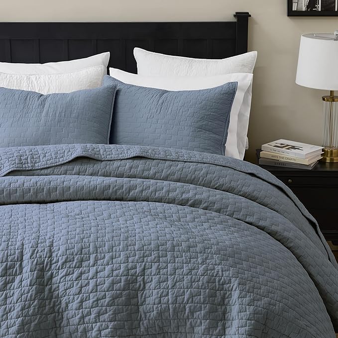 palassio Blue Grey 100% Cotton Quilt Queen Size Bedding Sets with 2 Pillow Shams, Textured Lightweight Soft Bedspread Shabby Chic Coverlet, Quilted Comforter Bed Cover for All Season, 3 Pieces