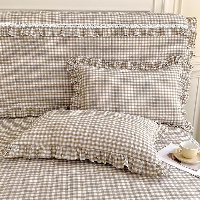 mixinni Tan Gingham Ruffle Duvet Cover Queen Size 3 Pieces – 100% Washed Cotton, Vintage Plaid Ruffled Bedding Set with Zipper Ties, Soft Cream Checkered Grid Farmhouse Chic Comforter Cover Set