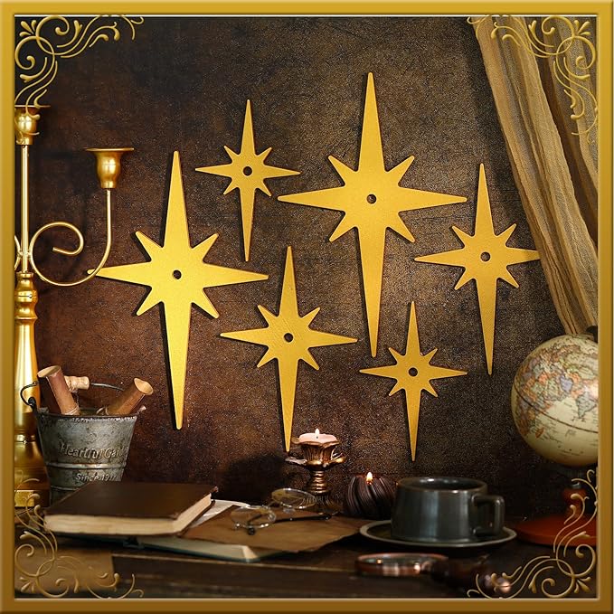 Yalikop 6 Pcs Mid Century Modern Starburst Wall Art Decor 8 Pointed Hangings Wooden Stars Whimsigoth Modern Retro Midcentury Wall Art for Home Bedroom Bathroom Office(Gold)