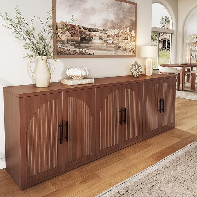 63" Fluted Buffet Cabinet with Storage, Mid-Century Symmetrical Arched Sideboard Credenza with Adjustable Shelf, Large Wood Console Table for Dining Room, Kitchen, and Living Room (Walnut)