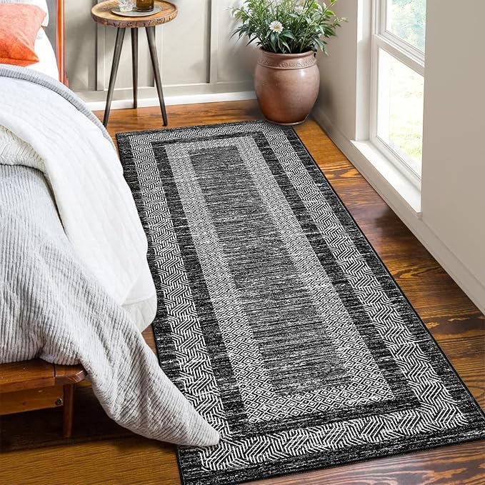 GarveeHome Washable Runner Rug 2x6 Modern Hallway Rug Non Slip Entryway Runner, Geometric Bordered Printed Carpets, Low Pile Thin Foldable Floor Mats, Soft Non Shedding for Kitchen Laundry, Black