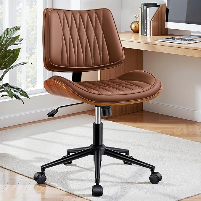 Ergonomic Armless Office Desk Chair - Mid-Century Modern Brown Faux Leather with Diamond Stitch, Adjustable Height Swivel Rolling Task Computer Chair with Walnut Accent for Home Office, Study & Work