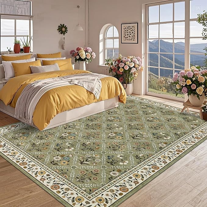 GarveeHome Living Room Rug 5x7 Rug Machine Washable Stain Resistant Area Rug Non Slip Floral Vintage Low Pile Rugs for Living Room, Bedroom, Farmhouse, Dining Room, Kids PlayroomGreen