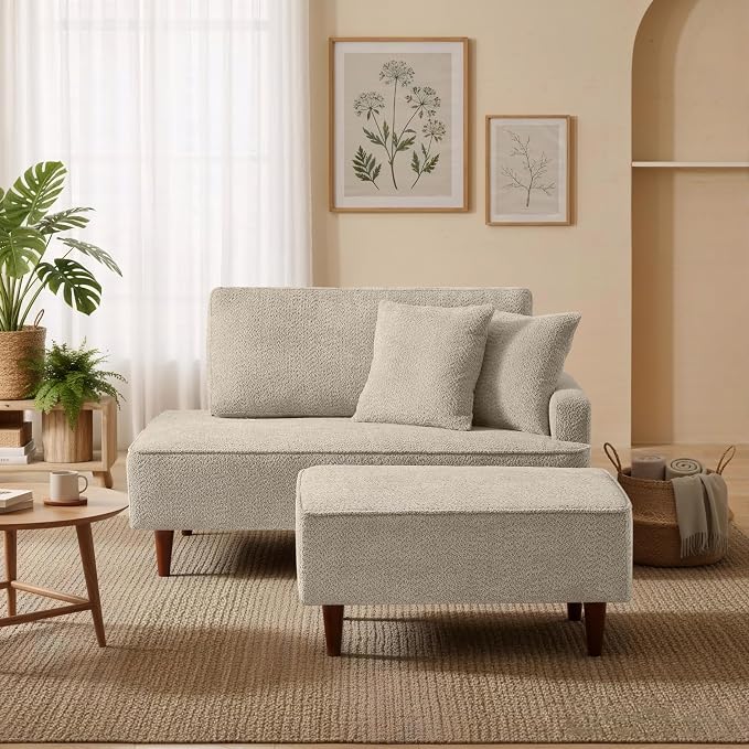 GDFStudio Upholstered Chaise Lounge Chair Indoor with Ottoman, Boucle Fabric Chaise Chair with 2 Throw Pillows and Solid Wood Legs, Recliner Lounge Chair for Office Living Room Bedroom, Camel