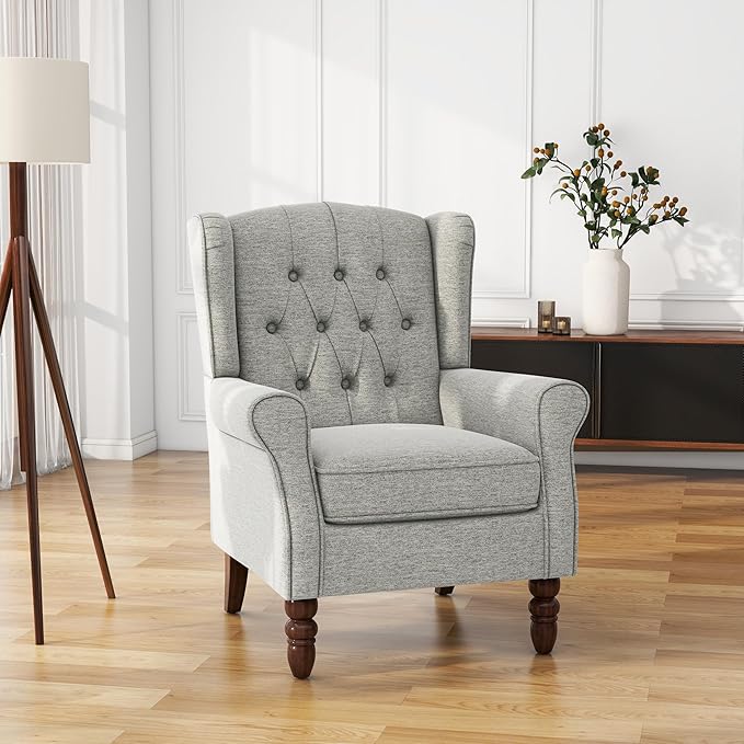 High Back Accent Chairs Set of 2, Upholstered Armchair in Fabric, Retro Wingback Arm Chair for Living Room, Comfy Single Sofa Bedroom Reading Seat with Solid Wood Legs - Light Gray