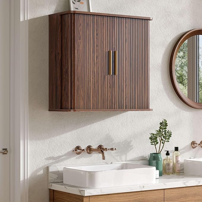 FIMELLO 29.5" W Bathroom Wall Cabinet, Laundry Room Cabinets Wall Mounted with Sliding Tambour Door, Kitchen Wall Cabinet, Floating Cabinet for Wall, Upper Cabinets, Brown Walnut