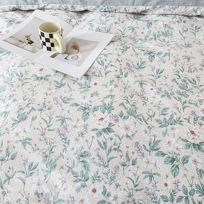 HoneiLife Floral Duvet Cover Queen - 100% Cotton Comforter Cover, Soft Botanical Bedlinen Set with Zipper Closure & Corner Ties,3-Piece Wildflower Comforter Cover Sets, Greenery