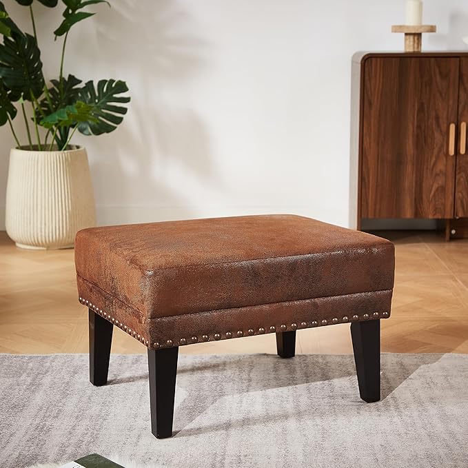 Mid-Century Modern Accent Chairs with Ottoman Footstool Set, Wingback Club Chair with Footrest Set, Nailhead Trim | Solid Wood | Vintage Distressed, Including Chair and Ottoman