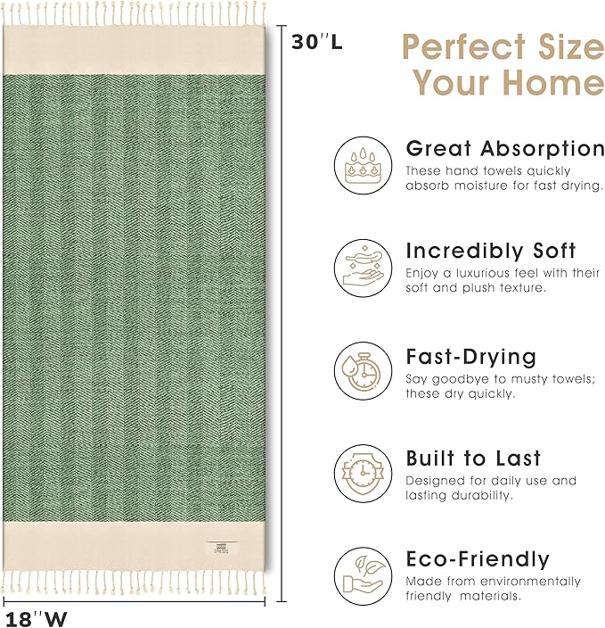 Hand Towels - Set of 2 | 18" x 30" - Decorative Turkish Hand Towel for Bathroom, Kitchen, Guest, Face, Hair, Tea, Dishcloth (Herringbone, Apple Green)