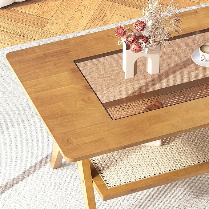 Mid Century Modern Coffee Table with Glass Top and Rattan Storage Shelf, Rectangular Natural Wooden Coffee Table, Unique Center Tables for Living Room Apartment Home, 47.2 Inch