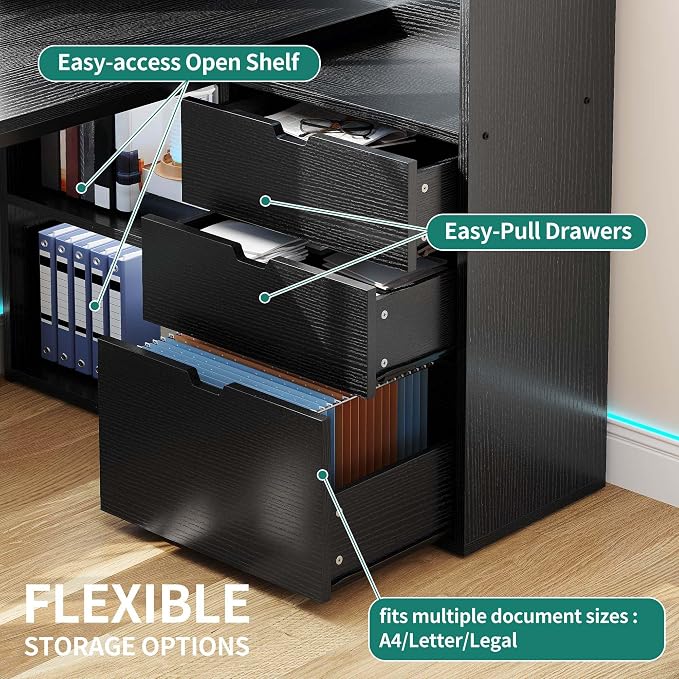 YITAHOME L Shaped Desk with Power Outlets & LED Lights & File Cabinet, 55" Corner Computer Desk with 3 Drawers & 3 Storage Shelves, Home Office Desk with Bookshelf, Black