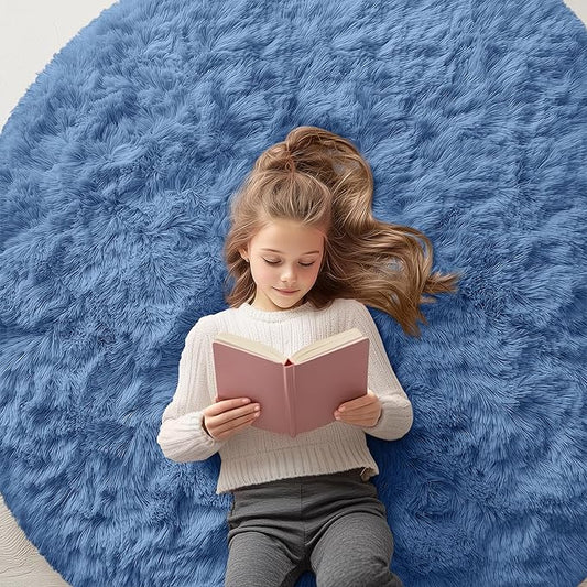 OLANLY Blue Round Rugs for Bedroom - Machine Washable, 5 ft Circle Area Rugs for Living Room, Soft and Fluffy Shaggy Carpet for Teen Girl and Boys, Nursery Rooms, Dorms, Home Decor Aesthetic