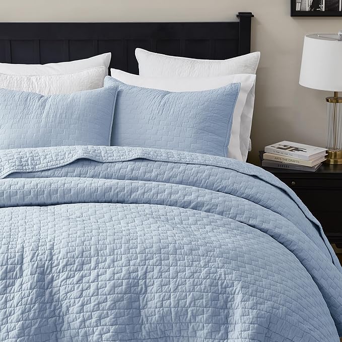 palassio Baby Blue 100% Cotton Quilt King Size Bedding Sets with 2 Pillow Shams, Textured Lightweight Soft Bedspread Shabby Chic Coverlet, Neutral Quilted Comforter Bed Cover for All Season, 3 Pieces