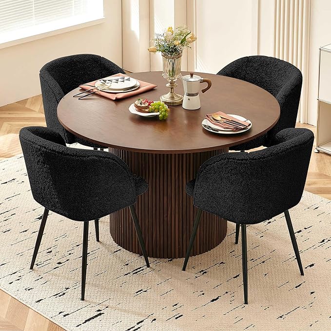5-Piece Round Dining Table Set for 4, 47-Inch Walnut Kitchen Table and Upholstered Chairs Set for Dining Room, Modern Circle Dinette Table Set with Black Barrel Dining Side Chairs Upholstered