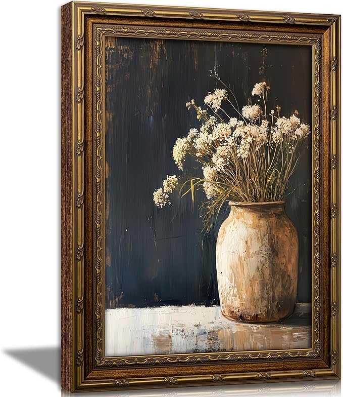 Vintage Gold Framed Wall Art,Fall Dried Flowers Antique Vase Country Oil Painting Canvas Prints,Dark Moody Rustic Farmhouse Floral Still Life Picture,for Living Room Bedroom Shelf Decoration, 9x11in