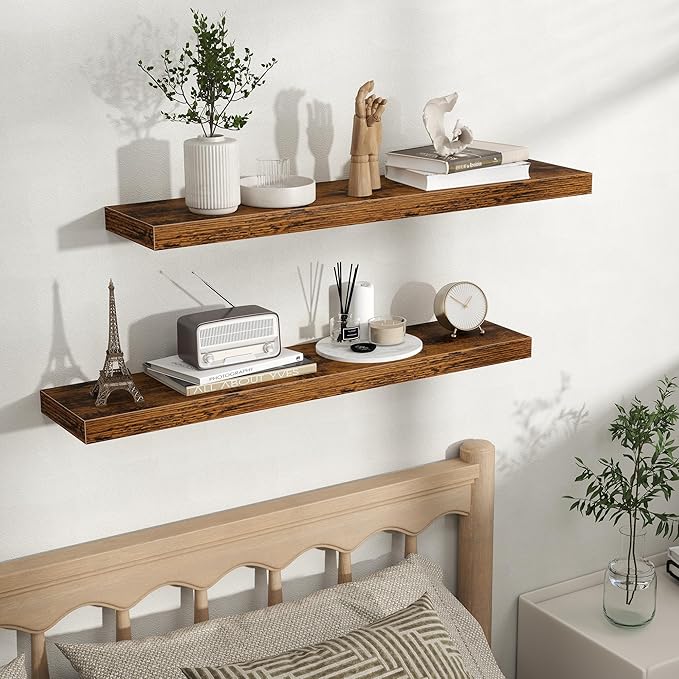 Fun Memories Floating Shelves for Wall, Rustic Wood Wall Mounted Shelves for Bathroom, Bedroom, Living Room and Kitchen, Storage & Home Decor (Set of 2, Brown, 36 in)