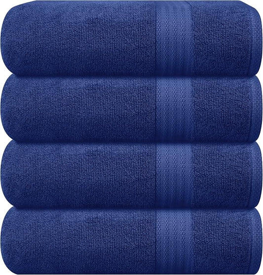 GLAMBURG Premium Cotton 4 Pack Bath Towel Set - 100% Pure Cotton - 4 Bath Towels 27x54 - Ideal for Everyday use - Ultra Soft & Highly Absorbent - Navy