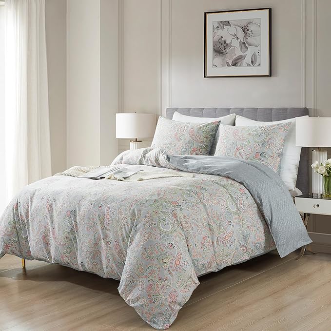 HoneiLife Wildflower Duvet Cover King - 100% Cotton Comforter Cover Sets, 3-PC Comfortable Floral Duvet Cover Sets,Soft & Breathable Duvet Cover with Zipper Closure & Corner Ties, Paisley