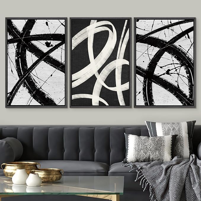 SIGNWIN Framed Canvas Print Wall Art Set Geometric Duotone Ring Landscape Graffiti & Street Art Abstract Illustrations Modern Art Decorative Nordic for Living Room, Bedroom, Office - 16"x24"x3 Black