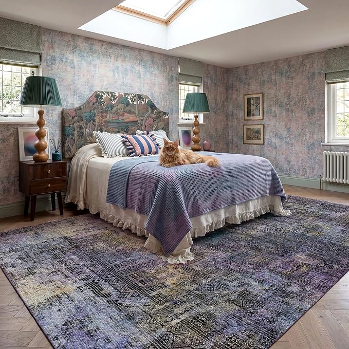 Kokia Abstract Area Rugs 10x14 Bedroom Washable Decor Low Pile Non-Slip Non-Shedding Indoor Black Purple Carpet Foldable Stain Resistant Floor Living Room Dining Room, Violet and Slate Blue