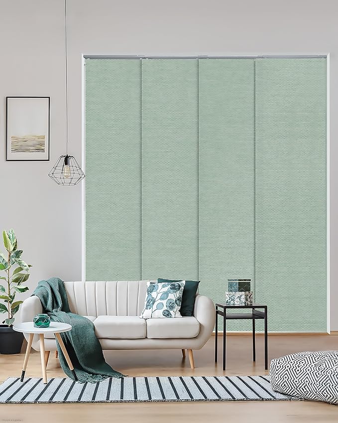 GoDear Design Adjustable Sliding Panel Track Sliding Glass Door Blinds 45.8"- 86" W x 96" H, Extendable Vertical Blinds for Patio Doors, Green Shimmering Trimmable Woven Fabric Panel, Semi-Sheer, Jade