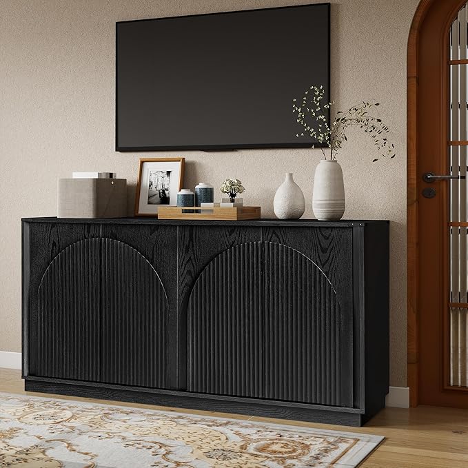 65" Sideboard Buffet Cabinet with Storage, Modern Fluted Accent Credenza with Adjustable Shelves, Wood Media TV Console Coffee Bar Table for Dining Room, Kitchen and Living Room, Black