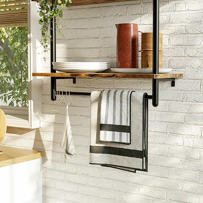 Bestier 3 Tier Industrial Pipe Shelving, Floating Kitchen Shelves for Wall, Storage Coffee Bar Hanging Shelves with Towel Bar for Kitchen Living Room Bathroom Organizer Bedroom, 24 Inch Rustic Brown