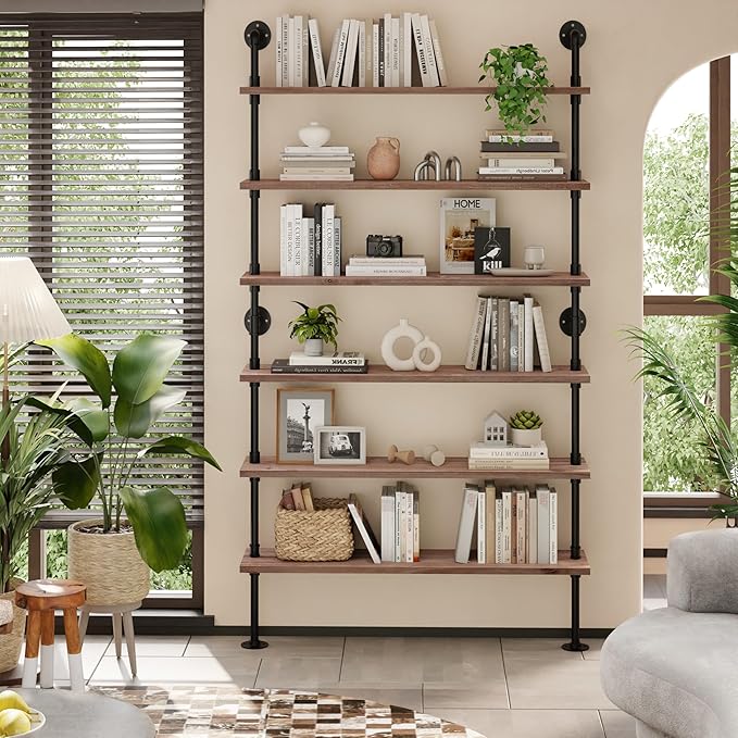 Industrial Ladder Pipe Shelf, Wall Mounted Wood Metal Bookshelf for Living Room Storage (Weathered Brown, 6 Tier - 10" D x 48" W x 82.5" H)