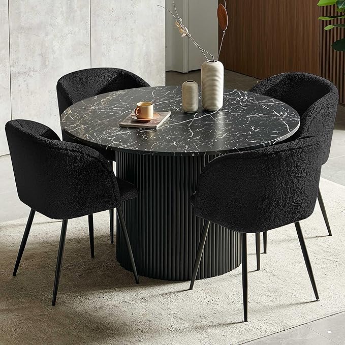 Black Dining Table Set for 4, 5-Piece Mordern Kitchen Dining Room Table Set, 47-Inch Round Breakfast Nook Dinner Table Fluted and Upholstered Sherpa Fabric Dining Armchairs Set