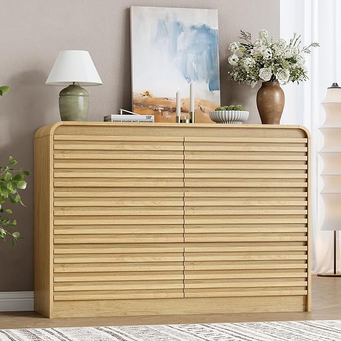 Fluted 6 Drawer Dresser for Bedroom, 47" Wide Wood Chests of Drawers with Curved Profile, Mid Century Modern Dresser with Large Storage & Hidden Handle for Living Room, Hallway, Natural Oak