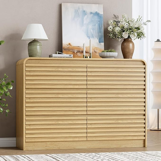 Fluted 6 Drawer Dresser for Bedroom, 47" Wide Wood Chests of Drawers with Curved Profile, Mid Century Modern Dresser with Large Storage & Hidden Handle for Living Room, Hallway, Natural Oak