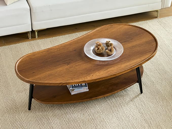 Shrine Mango-Shaped Wood Coffee Table, Mid-Century Modern Coffee Table, Brown Walnut Table for Living Room, D47.2''x W25''x H15.3'', Sleek Conical Metal Legs with Black Finish