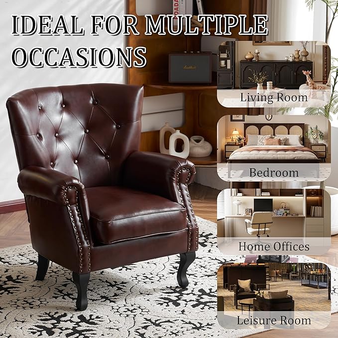 Modern Faux Leather Accent Chair, Upholstered Mid-Century Armchair with Solid Wood Legs, Single Sofa Chair for Living Room, Bedroom, or Reading Room（Reddish Brown）