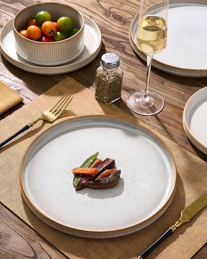 8-Piece Plates and Bowls Sets for 4, Cappuccino White | Handcrafted reactive glaze stoneware dinnerware. Chip & scratch resistant. Microwave & dishwasher safe. Everyday/formal use.