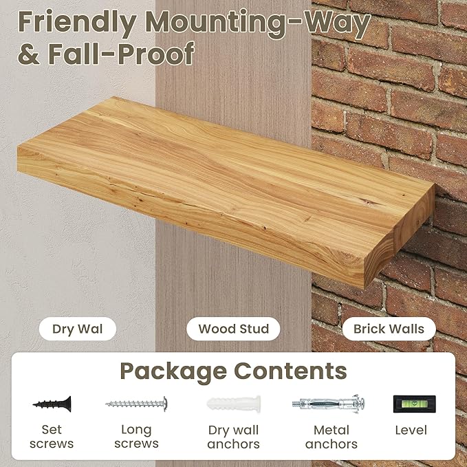 Fun Memories Solid Elm Wood Floating Shelves Set of 1-72 Inch Rustic Wall Shelves with Heavy-Duty Invisible Brackets - for Living Room, Kitchen, Bedroom, Bathroom - Natural Finish