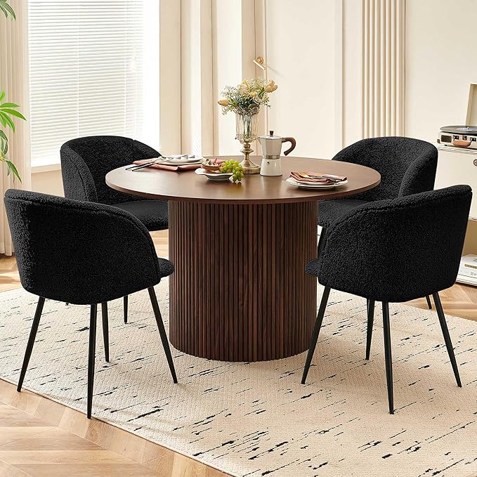 5-Piece Round Dining Table Set for 4, 47-Inch Walnut Kitchen Table and Upholstered Chairs Set for Dining Room, Modern Circle Dinette Table Set with Black Barrel Dining Side Chairs Upholstered