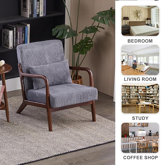 Accent Chairs Set of 2, Mid Century Modern Chair with Pillow, Arm Chair with Solid Wood, Reading Relaxing Leisure Chair for Living Room, Waiting Room, Grey